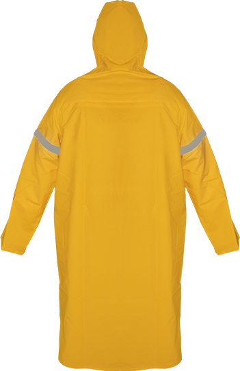 Impermeable largo tipo gabardina con capucha y reflejantes