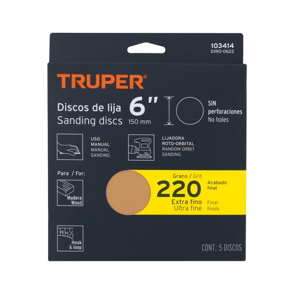 Paquete c/5 discos de lija 6' grano 220, ciegos