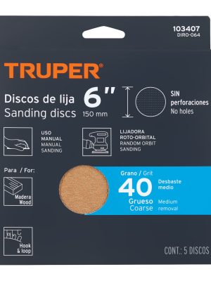 Paquete c/5 discos de lija 6' grano 40, ciegos