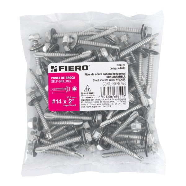 PIBR-2RE1.jpg Bolsa con 50 pijas 2' hexagonal, punta broca con rondana