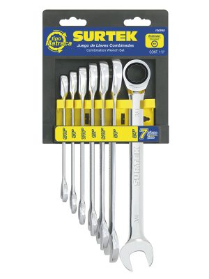 100568.jpg 100568 - Juego de llaves combinadas pulido espejo de matraca en pulg, 12 puntas, 7 piezas en rack Surtek