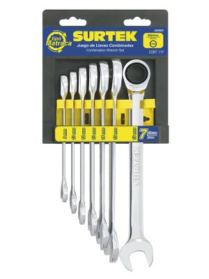 100569.jpg 100569 - Juego de llaves combinadas pulido espejo de matraca mét, 12 puntas, 7 piezas en rack Surtek