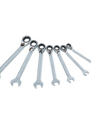 100574.jpg 100574 - Juego de llaves combinadas pulido espejo de matraca rev en pulg, 12 puntas,7 pz en rack Surtek