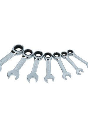 100576.jpg 100576 - Juego de llaves combinadas cortas pulido espejo de matraca en pulg, 12 puntas,7 pz en rack Surtek