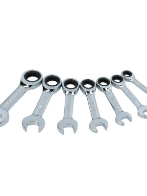 100577.jpg 100577 - Juego de llaves combinadas cortas pulido espejo de matraca mét, 12 puntas,7 pz en rack Surtek