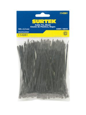 114201 - Cinchos plásticos 100 x 2.5 mm, tensión 8 kg de 100 piezas, color negro Surtek
