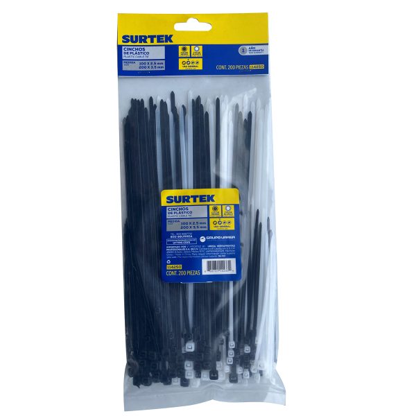 114250 - Cinchos de plásticos combinados en bolsa, tensión 8kg de 200 piezas, color natural y negro Surtek