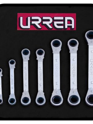 1180M.jpg 1180M - Juego de llaves de estrías pulido espejo acodadas de matraca mét,6 y 12 pts,7 pz en estuch Urrea