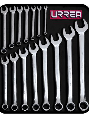 1200F.jpg 1200F - Juego de llaves combinadas pulido espejo en pulgadas, 12 puntas, 15 pz en estuche Urrea