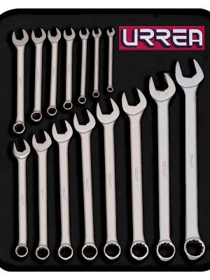 1200FA.jpg 1200FA - Juego de llaves combinadas satinadas en pulgadas, 12 puntas, 15 piezas en estuche Urrea