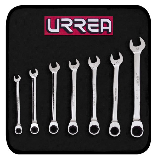 1200MCM - Juego de llaves combinadas pulido espejo de matraca mét, 12 puntas, 7 piezas en estuche Urrea