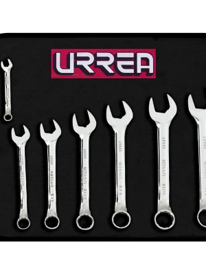 1200T9 - Juego de llaves combinadas cortas pulido espejo en pulgadas, 12 puntas, 9 pz en estuche Urrea