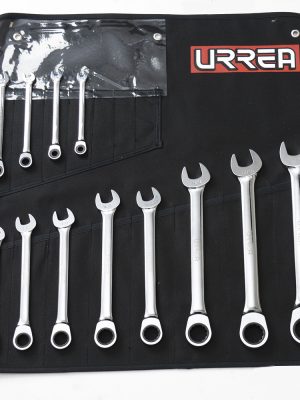1201MCM - Juego de llaves combinadas pulido espejo de matraca mét, 12 puntas, 15 piezas en estuche Urrea