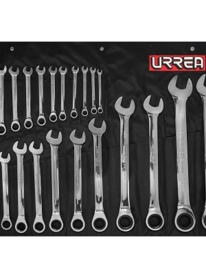 1202MCM - Juego de llaves combinadas pulido espejo de matraca mét, 12 puntas, 22 piezas en estuche Urrea