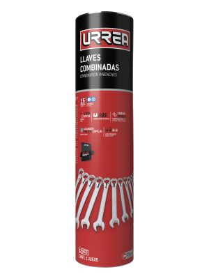 1206TF - Juego de llaves combinadas pulido espejo métricas, 12 puntas, 15 piezas en tubo full color Urrea