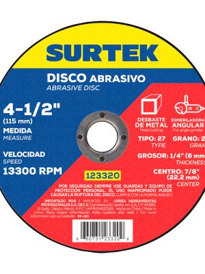 123320.jpg 123320 - Disco abrasivo tipo 27 para metal 4-1/2" x 1/4" Surtek