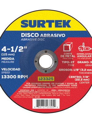 123325 - Disco abrasivo tipo 27 para metal 4-1/2" x 1/8" Surtek