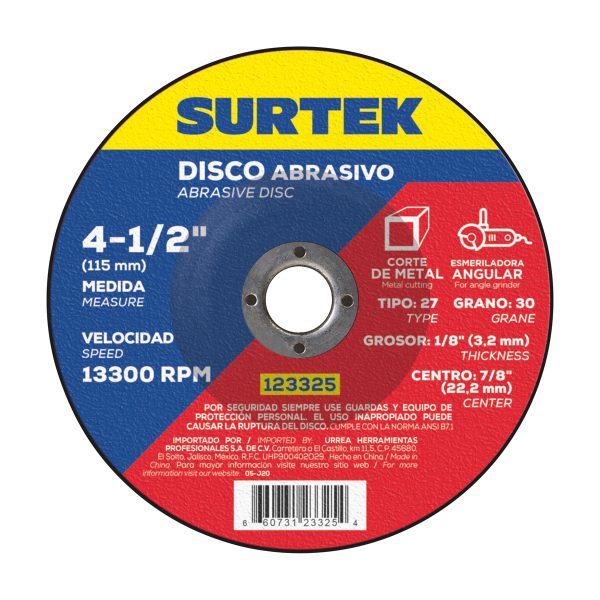 123325 - Disco abrasivo tipo 27 para metal 4-1/2" x 1/8" Surtek