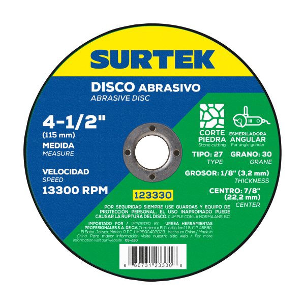 123330 - Disco abrasivo tipo 27 para piedra 4-1/2" x 1/8" Surtek