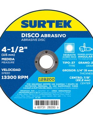 128200 - Disco abrasivo tipo 27 para metal 4-1/2" x 1/4" Surtek