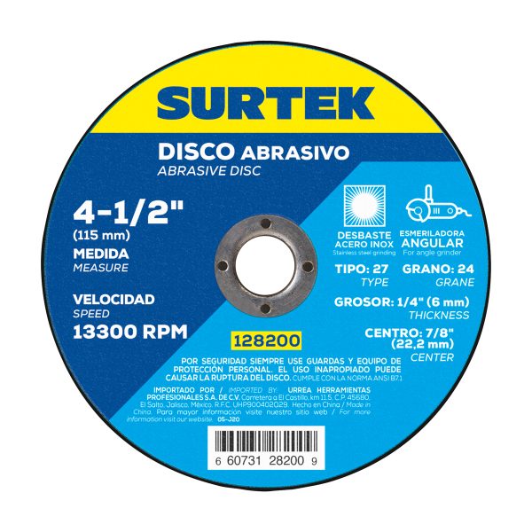 128200 - Disco abrasivo tipo 27 para metal 4-1/2" x 1/4" Surtek