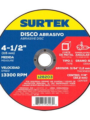 128203 - Disco abrasivo tipo 1 para metal 4-1/2" x 1.2 mm Surtek