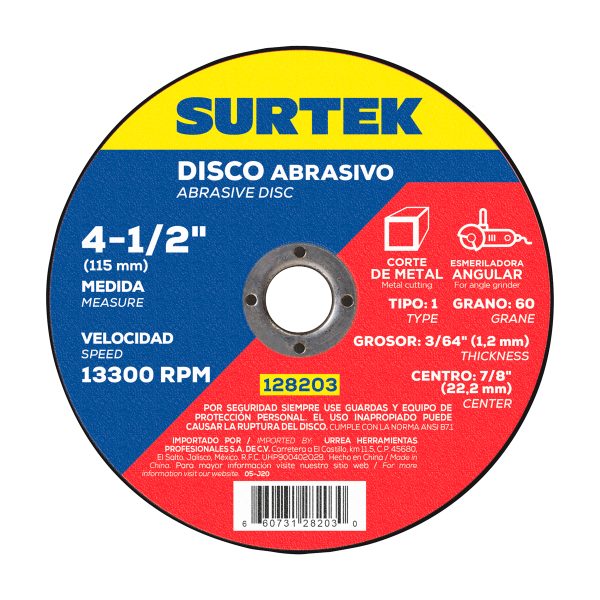 128203 - Disco abrasivo tipo 1 para metal 4-1/2" x 1.2 mm Surtek