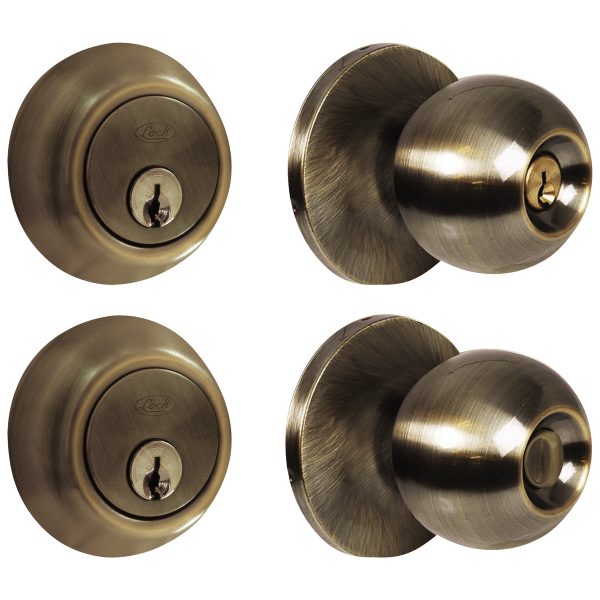 12CB - Combo de pomo tubulares de bola función doble, latón antiguo, llave estándar, blíster Lock