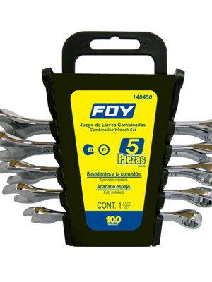 140450.jpg 140450 - Juego de llaves combinadas pulido espejo en pulgadas, 12 puntas, 5 piezas en rack Foy