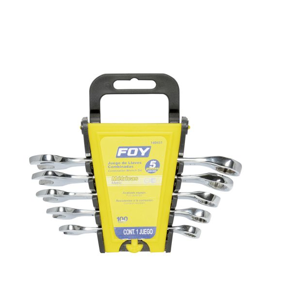 140451.jpg 140451 - Juego de llaves combinadas pulido espejo métricas, 12 puntas, 5 piezas en rack Foy