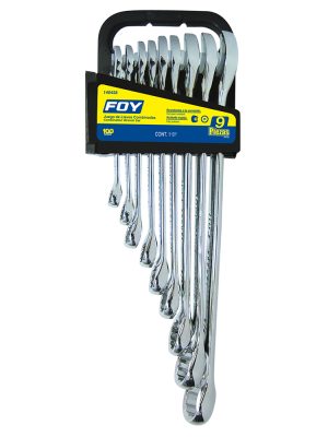 140458 - Juego de llaves combinadas pulido espejo en pulgadas, 12 puntas, 9 piezas en rack Foy