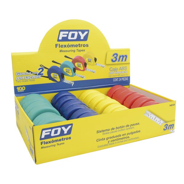 142131 - Flexómetros con carcasa de plástico colores en display 3 m x 1/2" Foy