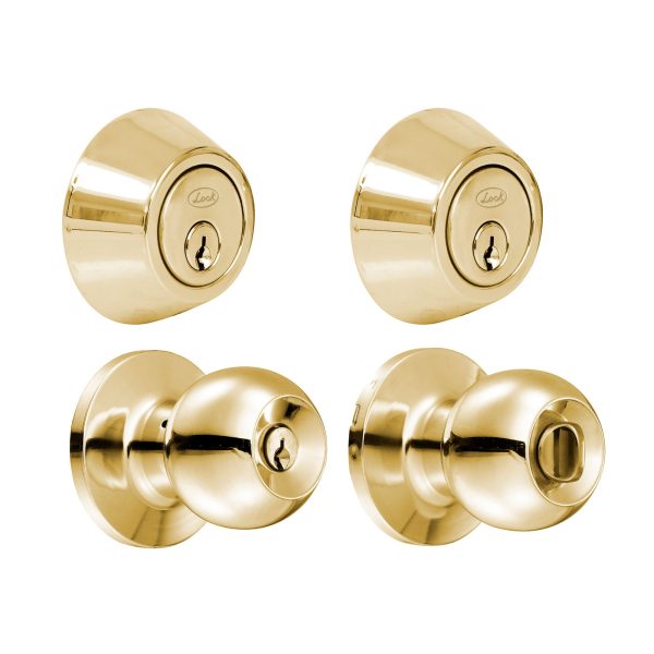 14CB - Combo de pomo tubulares de bola función doble, latón brillante, llave estándar, blíster Lock