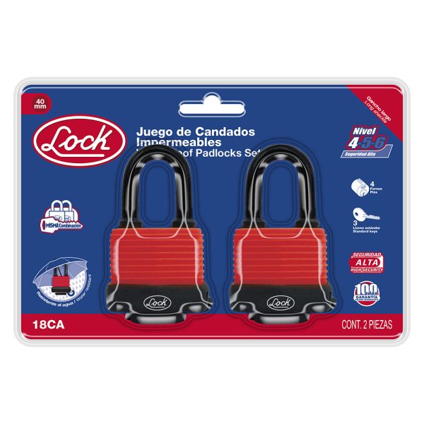 18CA - Juego de candados impermeables largos 40 mm, llave estándar, 2 piezas Lock
