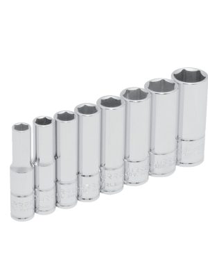 47102 - Juego de dados largos cuadro de 1/4", 6 puntas, en pulgadas, 8 piezas Urrea