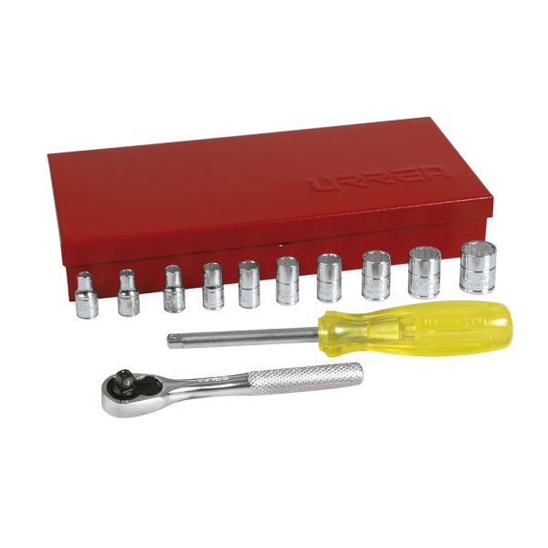 47110 - Juego de dados y accesorios cuadro de 1/4" en pulgadas, 13 piezas Urrea