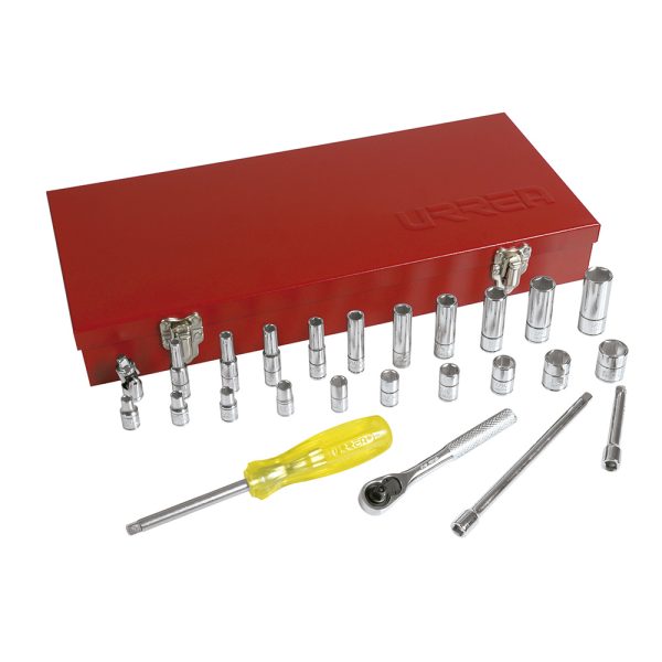 47116 - Juego de dados y accesorios cuadro de 1/4" en pulgadas, 26 piezas Urrea