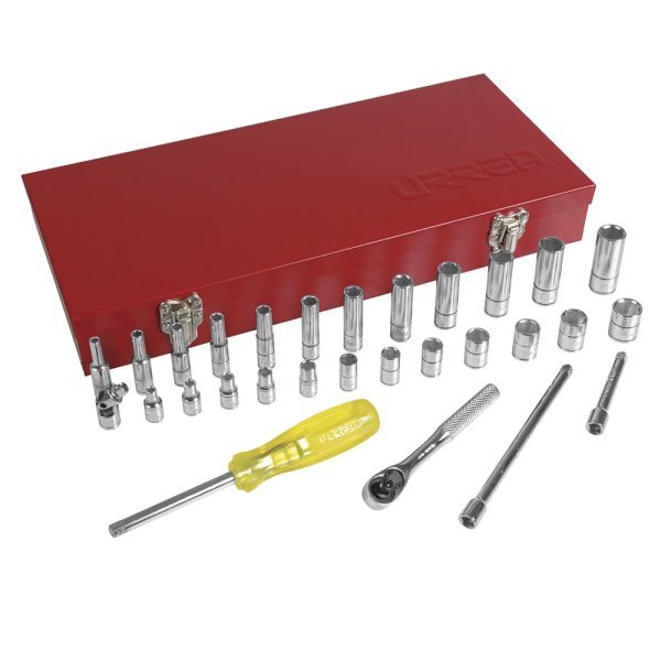 47206 - Juego de dados y accesorios cuadro de 1/4" métrico, 30 piezas Urrea