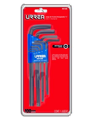 4972M - Juego de llaves hexagonales tipo "L", métricas, 9 piezas en blíster Urrea