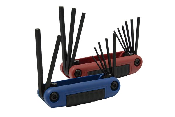 49816.jpg 49816 - Juego de llaves hexagonales tipo navaja en pulgadas y métricas estuche bimaterial, 16 pz Urrea