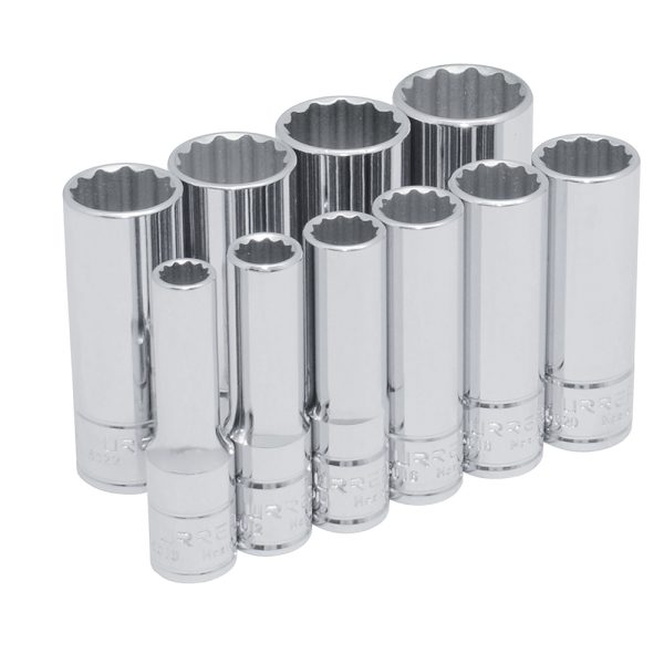 52107 - Juego de dados largos cuadro de 3/8", 12 puntas, en pulgadas, 10 piezas Urrea