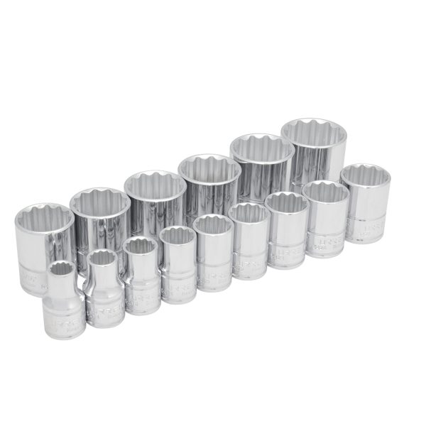 54114 - Juego de dados cuadro de 1/2", 12 puntas, en pulgadas, 15 piezas Urrea