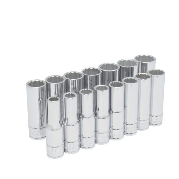 54207 - Juego de dados largos cuadro de 1/2", 12 puntas, métricos, 15 piezas Urrea