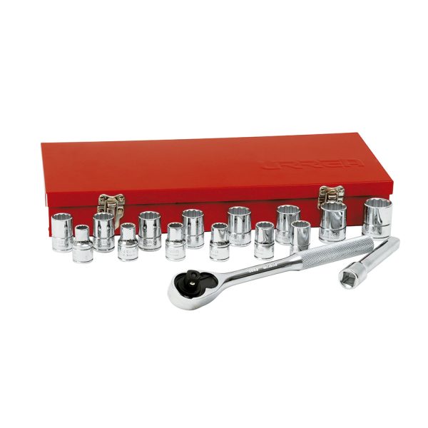 54208 - Juego de dados y accesorios cuadro de 1/2" métrico, 17 piezas Urrea