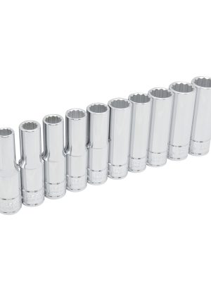 54215 - Juego de dados largos cuadro de 1/2", 12 puntas, métricos, en riel, 10 piezas Urrea