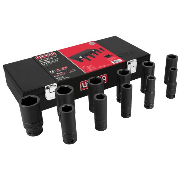 7301C - Juego de dados largos de impacto cuadro de 1/2", 6 puntas,  en pulgadas, 11 piezas Urrea