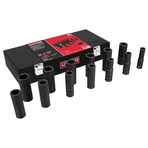 7302MC - Juego de dados largos de impacto cuadro de 1/2", 6 puntas, métricos, 13 piezas Urrea