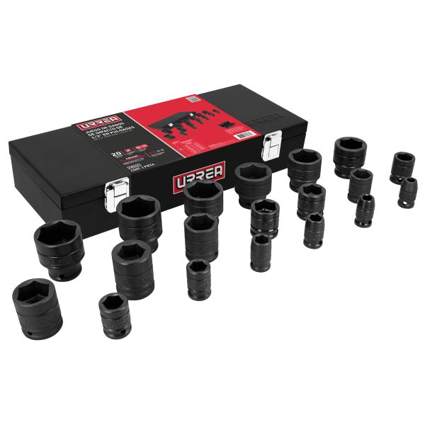 7401C - Juego de dados de impacto cuadro de 1/2", 6 puntas, en pulgadas, 19 piezas en caja Urrea