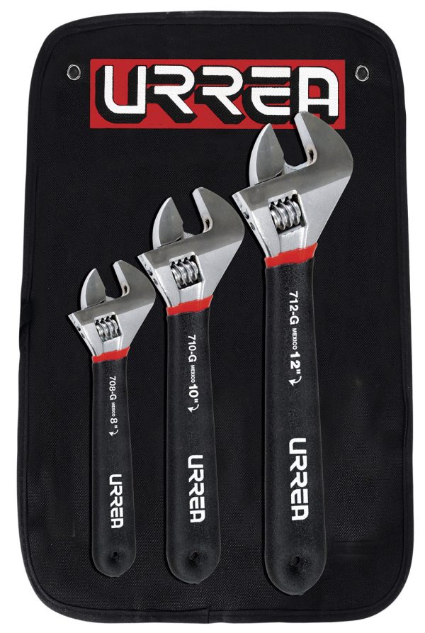 795G - Juego de llaves ajustables cromadas con mango Rubber Grip, 3 piezas en estuche Urrea