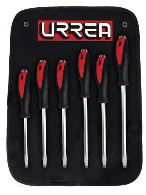 9100GA.jpg 9100GA - Juego de destornilladores con mango bimaterial de golpe, punta plana, 6 piezas en estuche Urrea